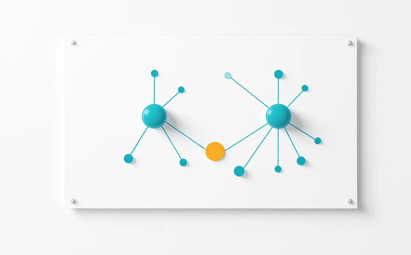 Abstract cool-slate dual GIP and GLP-1 receptor diagram with teal signal lines and one canary-yellow active-node tag on a cool-white board canvas